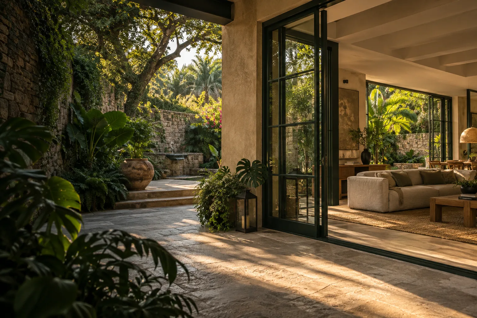 Ambiente ilustrativo de una casa abierta a un jardín; imagen creada con IA.